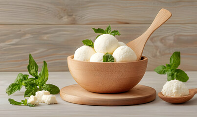 Fresh Mozzarella Cheese Balls with Basil in Wooden Bowl