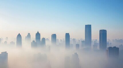 Fototapeta premium Mitigating Climate Change and Global Warming for a Sustainable Future, City skyline shrouded in mist, creating a serene and atmospheric urban landscape.