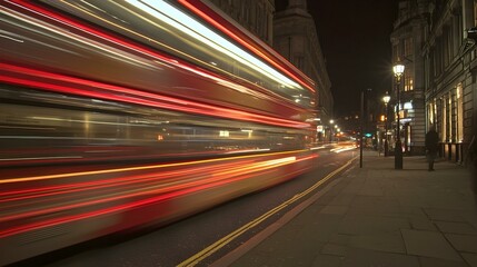 Fototapeta premium Night City Bus Motion Blur. A red double-decker bus streaks through a city at night, creating a vibrant light trail.