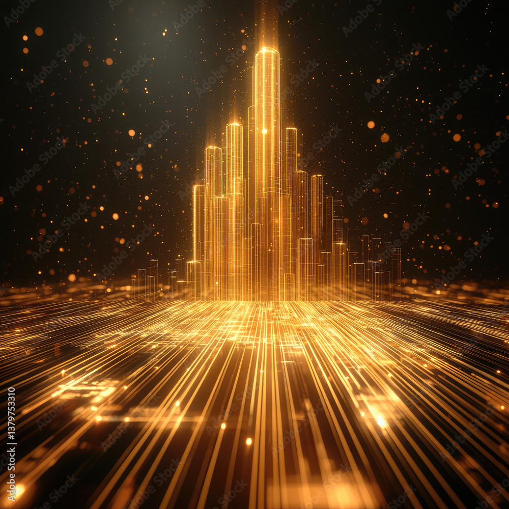 Poster futuristic cityscape with glowing golden skyscrapers, illuminated particles, and radiant light beams
