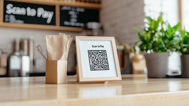 Modern Payment Solution: Close-up view of a QR code sign at a point of sale, representing modern payment methods. This shot captures the intersection of commerce, technology, and efficiency. 