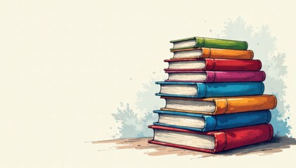 Colorful stack of books with hand-drawn illustrations, reading, reading room