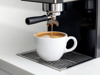 Espresso machine brewing coffee into white cup