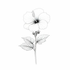 Detailed Simple Drawing of Hibiscus Bloom with Leaves and Buds