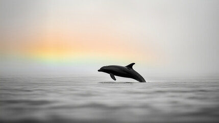 Naklejka premium a dolphin leaps from the water in a monochromatic scene, with a hint of a rainbow in the background. the image captures the dolphin's agility and the beauty of marine l