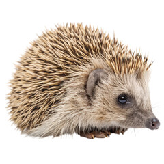 Obraz premium Tiny Hedgehog Curled Slightly with Alert Eyes Isolated on White