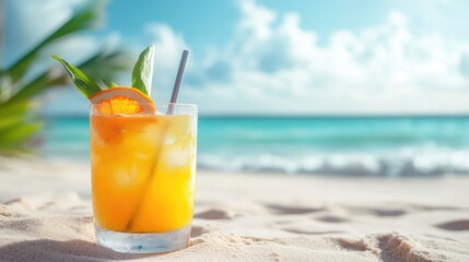 Obraz premium A refreshing tropical cocktail sits on soft sand with a backdrop of turquoise waves and a clear sky, inviting relaxation and enjoyment