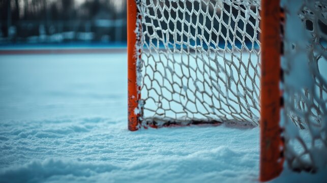 Empty hockey goal in the snow with a blurry background of an outdoor rink in the late afternoon light creates a serene atmosphere