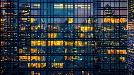 A modern skyscraper with reflective glass windows capturing the city skyline