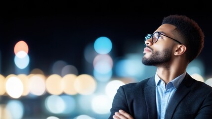 Contemplative Man in City at Night Portrait of a Businessman Looking Upward