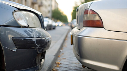 Close-up of two car bumpers touching with cracked paint, minor collision damage on vehicles in urban traffic, concept of road accidents and auto insurance claims.