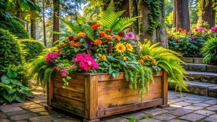 Fototapeta premium Vibrant floral arrangement in a rustic wooden planter box, nestled amidst lush greenery and a stone pathway in a serene garden setting.