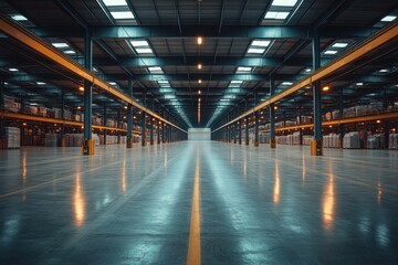 Obraz premium Warehouse interior showcasing organized storage and vast space during daylight hours