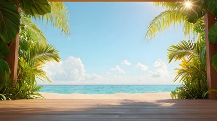 Serene Beach Scene with Palm Trees Under Bright Sunlight