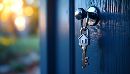House Key Hanging on Door Knob with Blurred Garden View