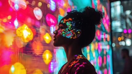 Abstract light projections on silhouette face with vibrant multicolored background
