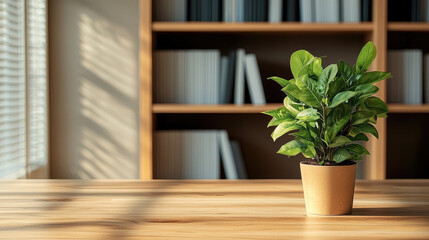vibrant green plant in simple pot sits on wooden table, illuminated by soft sunlight. background features bookshelf filled with neatly arranged books, creating warm and inviting atmosphere