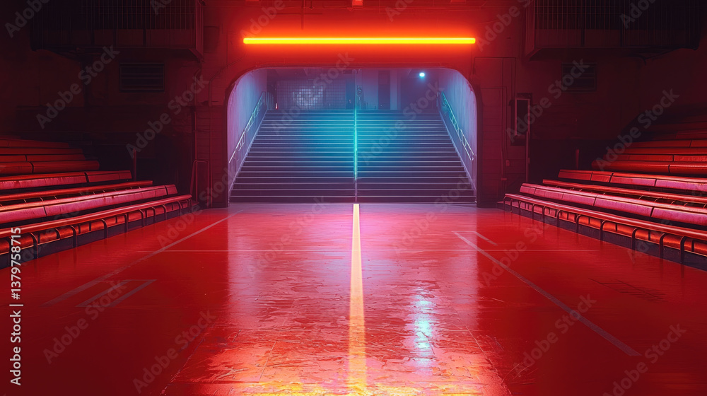Poster vibrant gym interior featuring red and blue lighting, with empty benches on either side and staircas