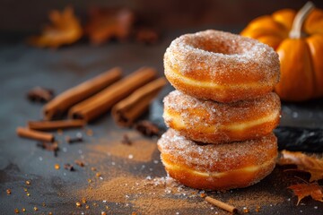 Three Pumpkin Spice Donuts, with cinnamon sugar, are stacked on a dark gray surface, A stack of pumpkin spice donuts with a sprinkling of cinnamon