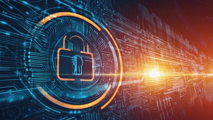 Cybersecurity Abstract: Dynamic digital artwork featuring a vibrant lock symbol embedded within a circuit board, radiating a sense of protection.