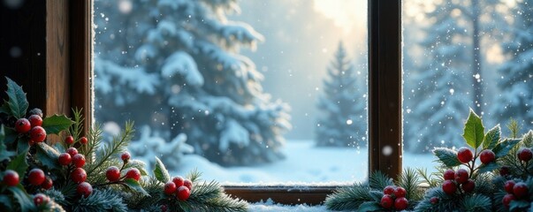Frosty windows with festive holly patterns and red berries, frost, windows, pattern