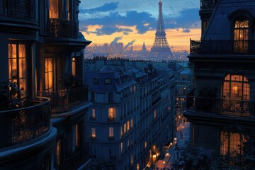 Twilight glow casts warmth over Parisian architecture and the Eiffel Tower, Twilight Glow on Parisian Architecture