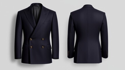 Classic navy double-breasted blazer - front and back view on neutral background