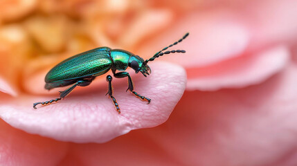 close up Bug. close up of vibrant green bug on delicate pink flower petal showcasing nature beauty