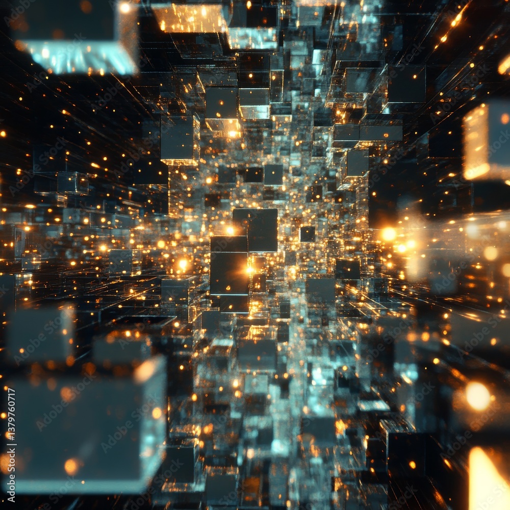 Poster Abstract Data Stream: A 3D Visualization of Information Flow and Processing with Glowing Geometric Cubes.