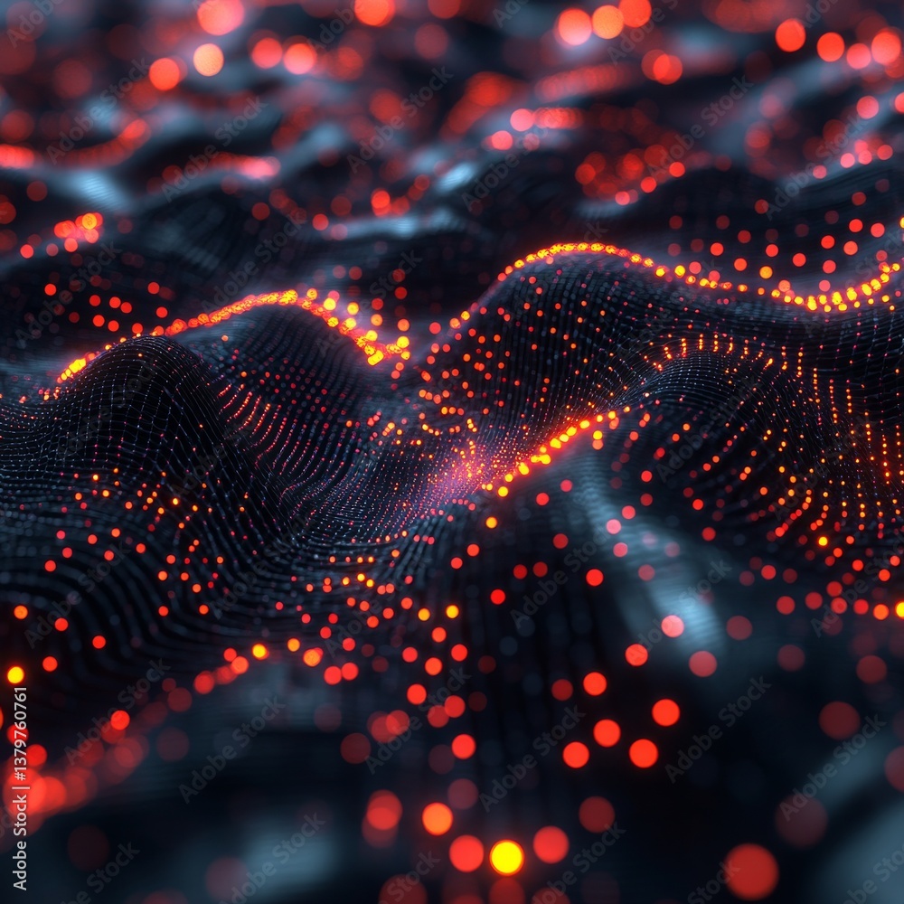 Fototapete Abstract Network: Glowing Red Data Points on a Dark Wavy Surface