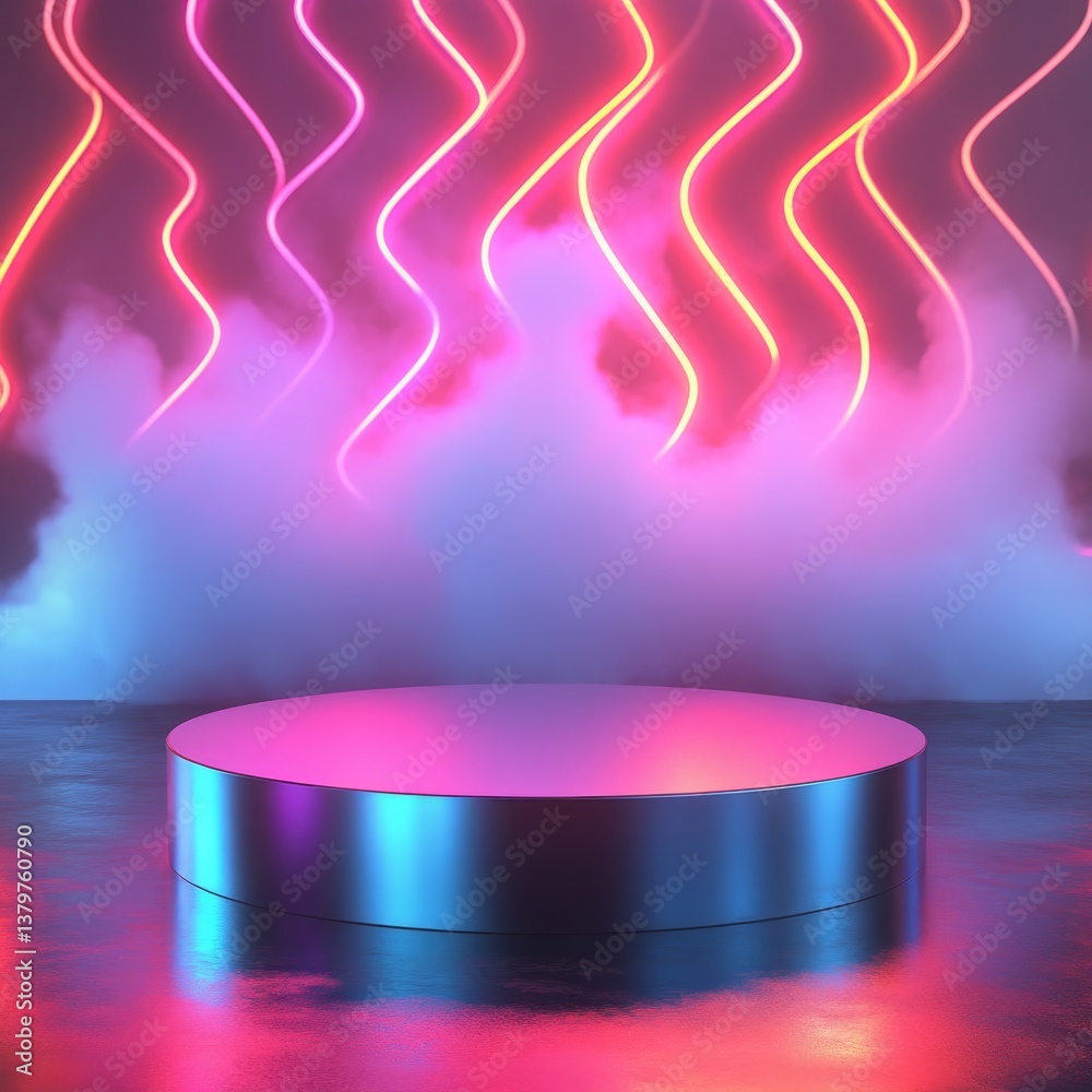 Poster abstract neon showcase: minimalist product display with dynamic lighting and fog for modern marketin