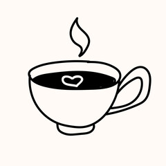 
Minimalist coffee cup with heart doodle style, drawing of a steaming coffee cup with a small heart in the center. Suitable for cafe design, menu design, stickers and branding elements.
