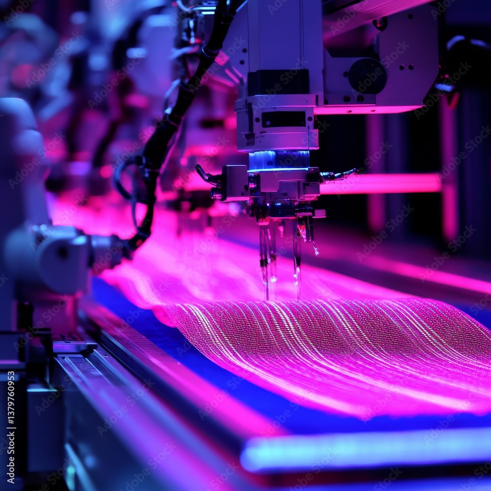 Leinwandbilder automated fabric production: a robotic arm precisely works on material under neon lights in a modern