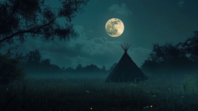 Misty night, teepee, full moon