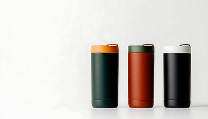 Fototapeta premium Three stylish insulated tumblers in orange, green, and black colors arranged on a white background, perfect for drinkware photography. 