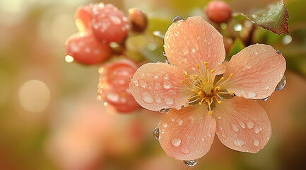 Dewdrops on apricot blossoms Macro photography of Nature Spring flowering of trees close-up Beautiful floral image Banner with a place for text