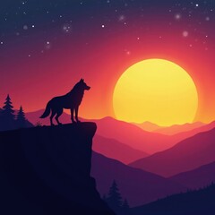 Lonely wolf standing on a cliff edge at sunset, sunset, night sky