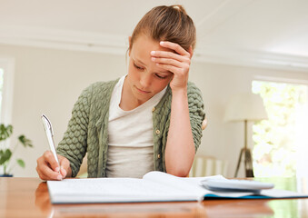 Learning, home school or child writing in notebook for math equation, exam or test preparation....