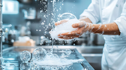 chef is washing hands with antibacterial soap, creating bubbles in kitchen environment, emphasizing cleanliness and hygiene