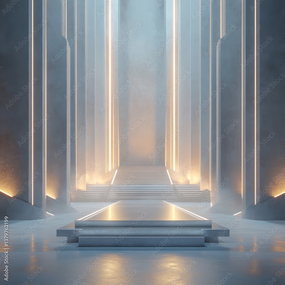 Poster ethereal ascent: modern concrete hallway with steps and golden lights guiding the way to foggy desti