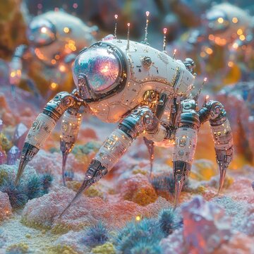 Futuristic multi-legged robot exploring vibrant alien landscape with glowing details