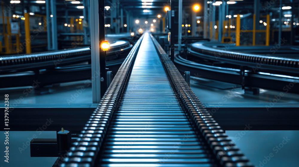 Poster conveyor belt in factory setting, showcasing long, metallic surface with sleek design. environment i