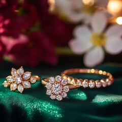 Fototapeta premium Exquisite Gold and Diamond Rings on Emerald Silk, a Touch of Floral Elegance and Sparkle