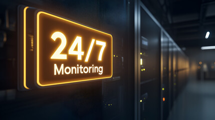 Server room showcasing a glowing "24/7 Monitoring" sign, emphasizing constant surveillance and system reliability