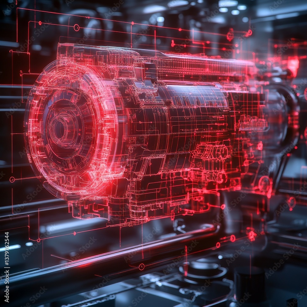 Aufkleber futuristic engine design: red holographic blueprint of cutting-edge technology and engineering