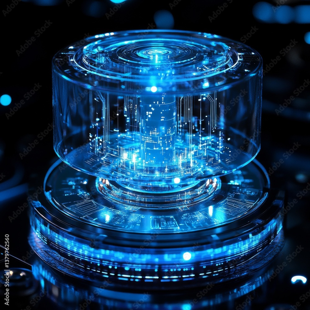 Poster futuristic glowing blue technology core: abstract concept of high-tech computing and artificial inte