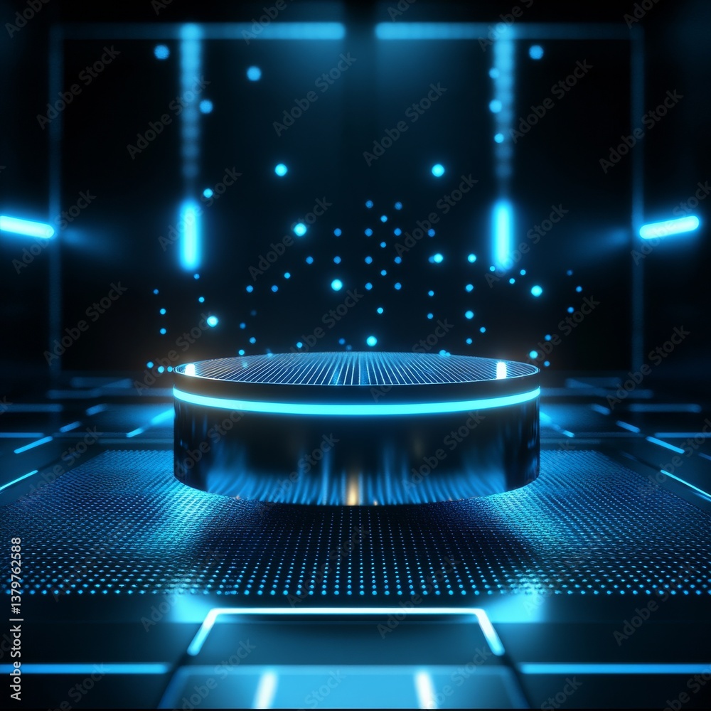 Poster Futuristic Neon Platform: Glowing Stage for Tech Showcase with Digital Particle Effects and Ambient Blue Light Design