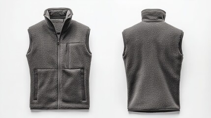 Gray fleece vest with high collar and multiple pockets - front and back view