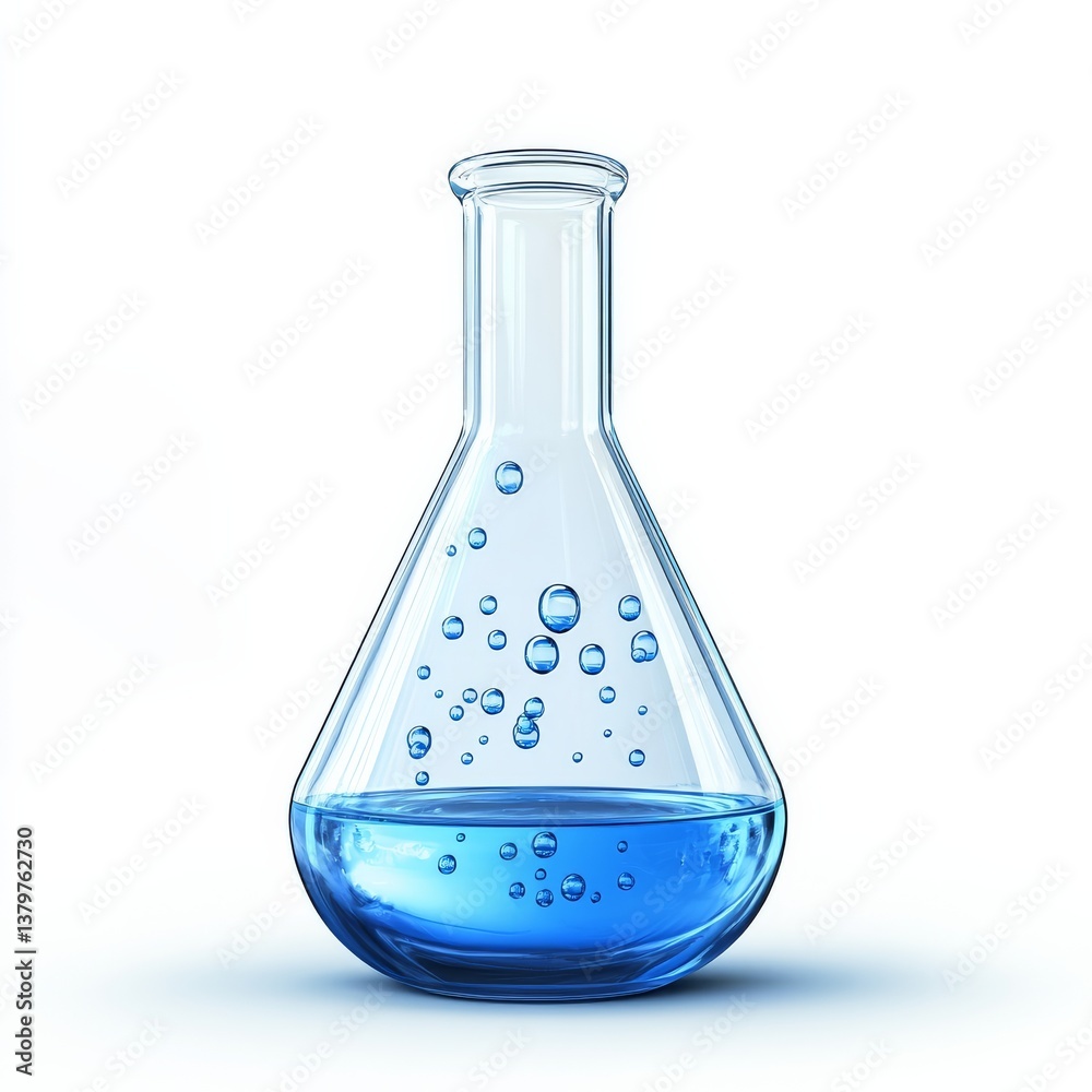 Aufkleber glass erlenmeyer flask filled with blue liquid and bubbles, isolated on white, laboratory experiment