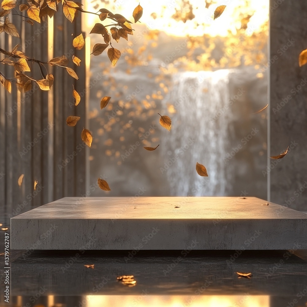 Poster Golden Autumn Leaves Cascade Around a Minimalist Platform with a Waterfall Backdrop, Creating a Serene and Ethereal Display